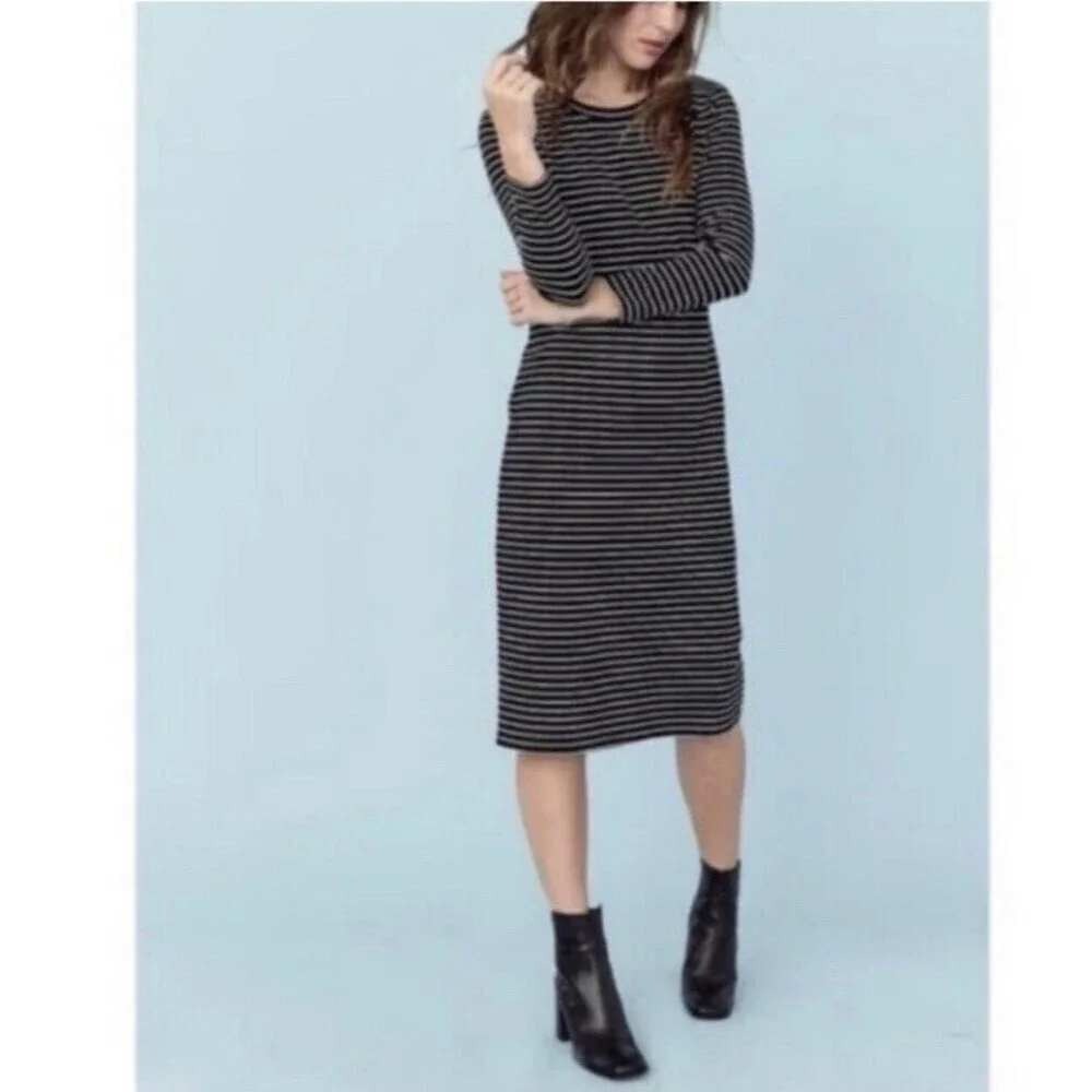 Sonnet James A Play Dress Navy Blue White Striped Midi 3/4 Sleeve Rayon Blend L
